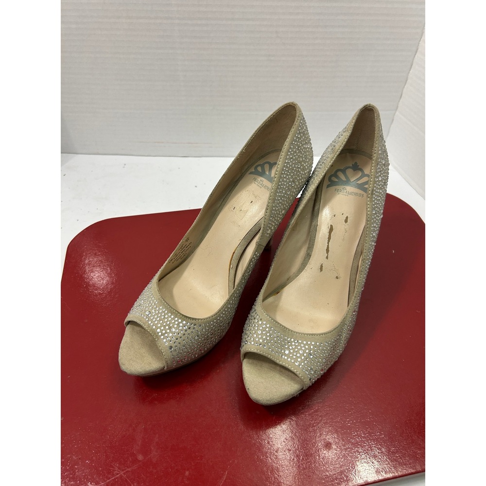 Fergalicious Rhinestone Peep Toe Pumps 7M Tan Ruby Heel Glam Wedding Party Chic